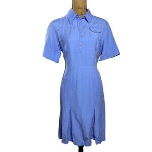 Talbots Dress 8 Sky Blue Box Pleat Hem Pocket Linen Bl Button Business Casual